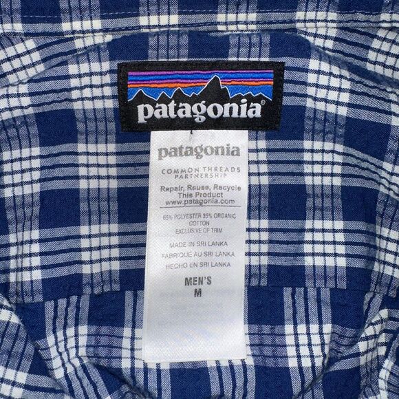 Patagonia Men's M Plaid Seersucker Shirt SS Button Up Blue White Organic Cotton - Picture 4 of 9